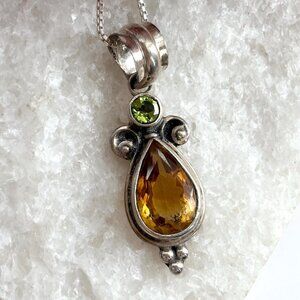 Citrine & Peridot Gemstone Sterling Silver 925 Vintage Pendant Necklace - 20"